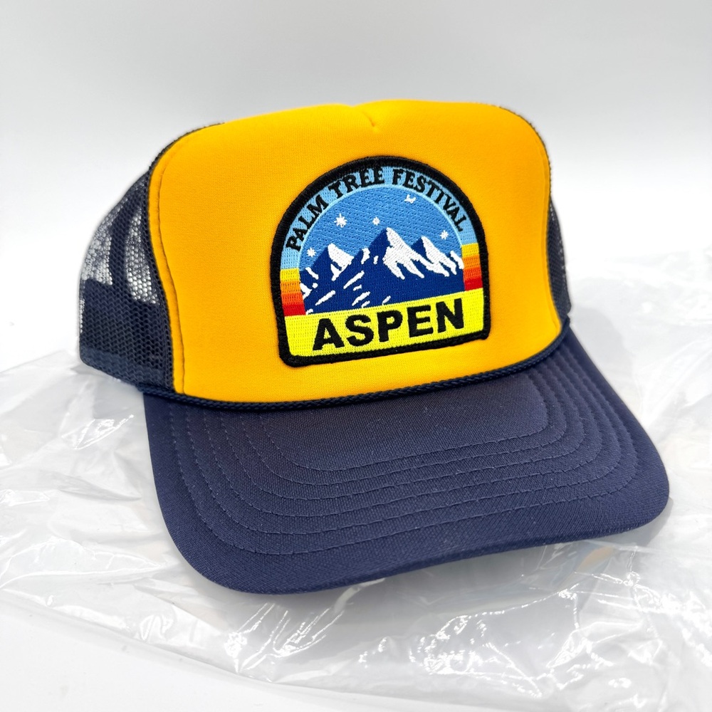 NWT Aviator Nation Aspen Palm Tree Festival Trucker Hat Gold / Navy Blue, Unisex
